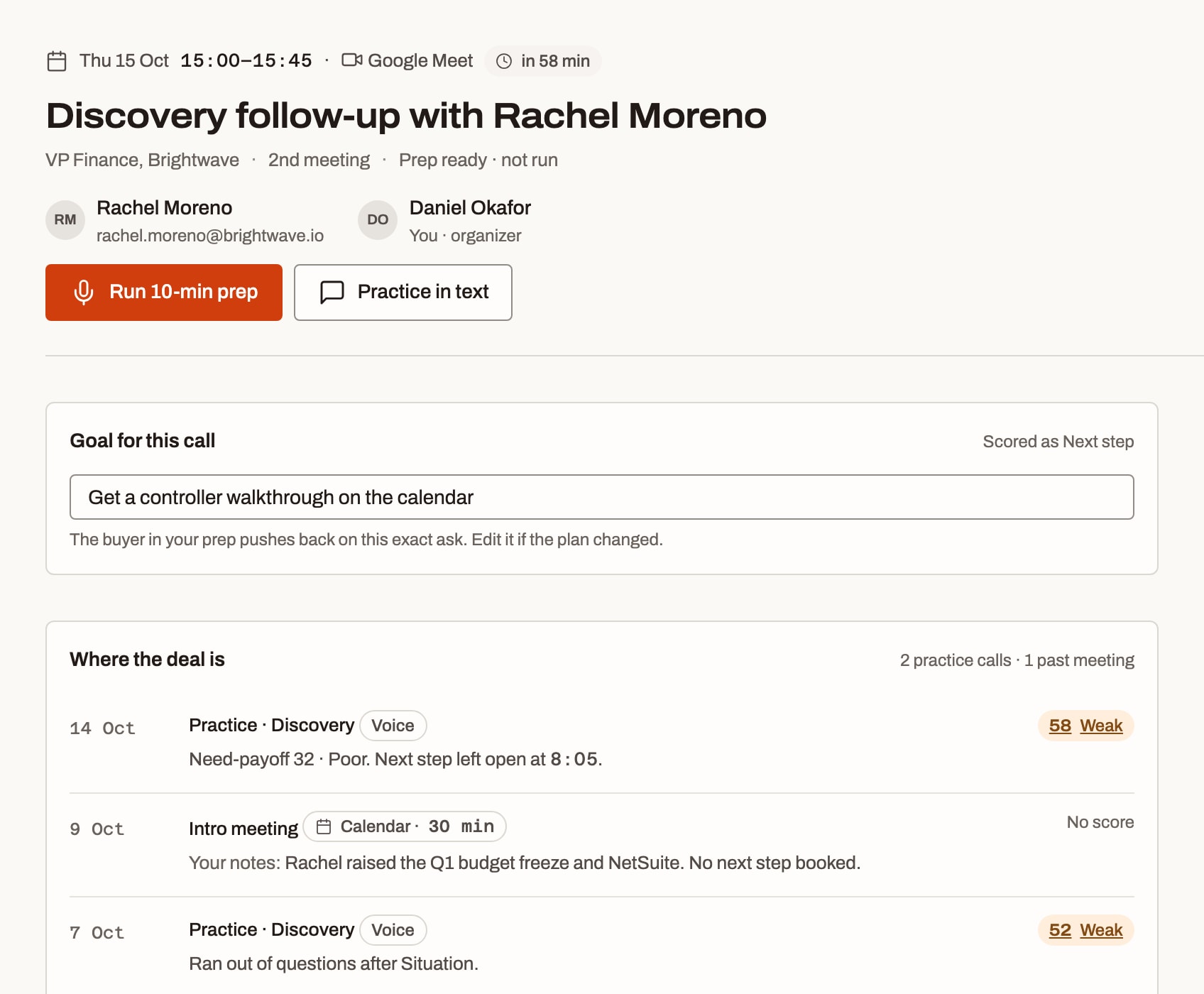 Meeting prep brief for a discovery follow-up: goal, deal history, account