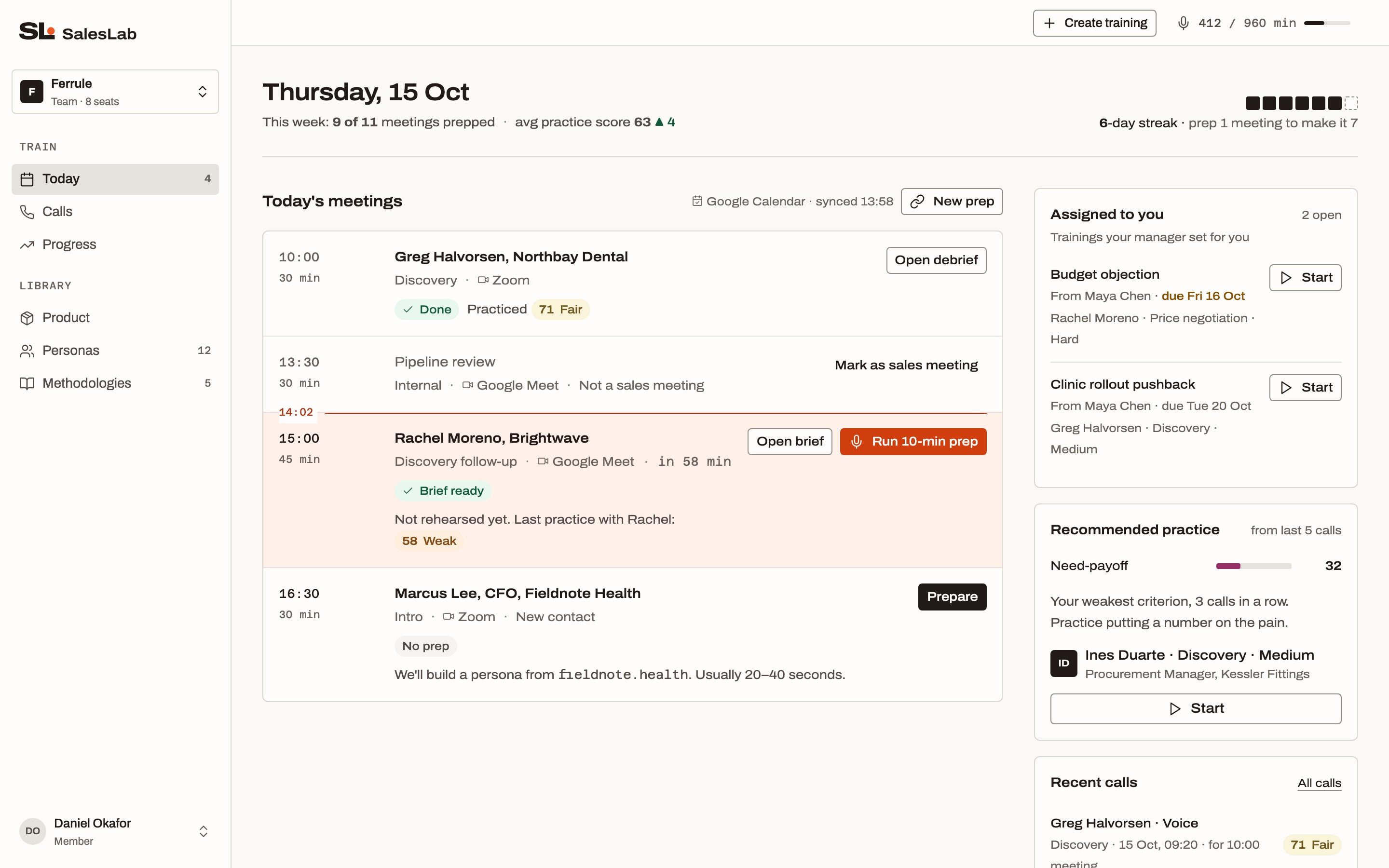 SalesLab Today screen: three calendar meetings with prep status, one marked “Run 10-min prep”.